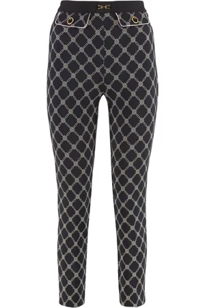 Elisabetta Franchi Spodnie, Kobieta, Czarny, XS, Spodnie Slim Fit z nadrukiem z krepu
