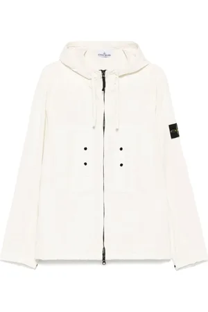 Stone Island Kurtki, Mężczyzna, Biały, XL, Biała Kurtka z Kapturem i Emblematem