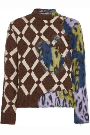 Marni Swetry, Mężczyzna, Wielobarwność, M, Wełna, Sweter Color-Block z Deseniem Diamentowo-Leopardzim