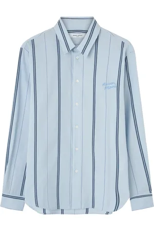 Maison Kitsuné Koszule, Mężczyzna, Niebieski, XL, Koszula w paski z logo w niebieskim