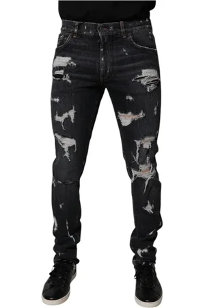 Dolce & Gabbana Jeansy, Mężczyzna, Niebieski, M, Denim, Czarne Podarte Skinny Jeansyy z Logo