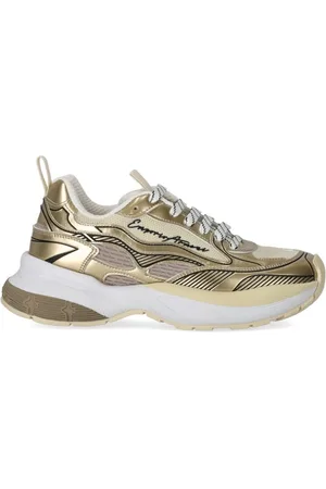 Emporio Armani Buty, Kobieta, Żółty, 39 EU, Złote Buty Sportowe z Siateczką i Futurystycznym Designem