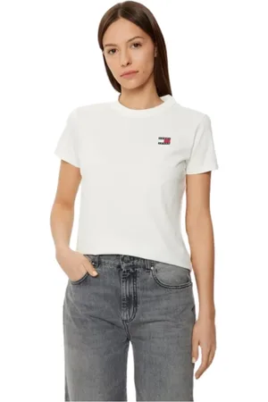 Tommy Hilfiger Koszulki, Kobieta, Biały, L, Biała Koszulka z Logo z Bawełny