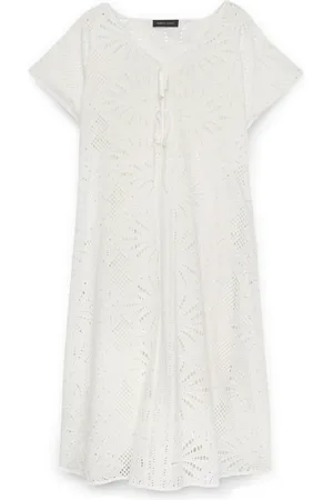Fiorella rubino Sukienki, Kobieta, Biały, XL, Bawełna, Długa sukienka z bawełny z haftem cutwork