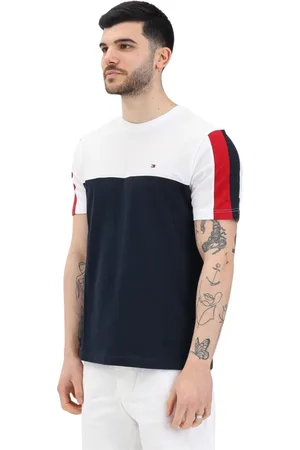 Tommy Hilfiger Koszulki, Mężczyzna, Czarny, L, T-shirt w Bloki Kolorów Biały Niebieski