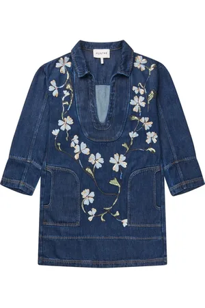 Munthe Sukienki, Kobieta, Niebieski, 2XL, Elegancka sukienka jeansowa we wzory kwiatowe