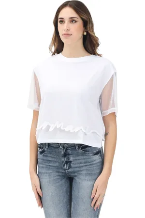 Armani Exchange Koszulki, Kobieta, Biały, S, Tiul, Biała krótka bluzka z tiulu
