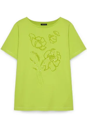 Fiorella rubino Koszulki, Kobieta, Żółty, L, Bawełna, T-shirt z haftem kwiatowym