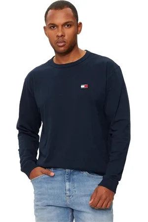 Tommy Hilfiger Bluzy, Mężczyzna, Niebieski, L, Bawełna, Niebieski T-shirt z długim rękawem z bawełny