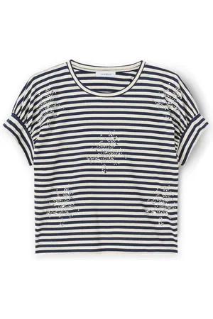 Motivi Koszulki, Kobieta, Niebieski, XS, Bawełna, T-shirt w paski z kryształkami i kamieniami szlachetnymi