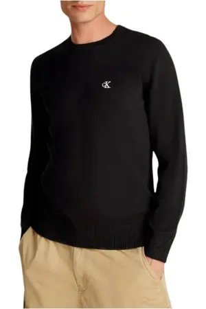 Calvin Klein Bluzy, Mężczyzna, Czarny, M, Bawełna, Czarny Sweter z Okrągłym Dekoltem i Długimi Rękawami