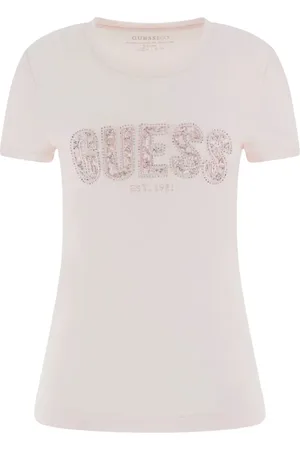 Guess Koszulki, Kobieta, Różowy, XS, Bawełna, Logo Lace Tee Slim Fit Jersey T-Shirt