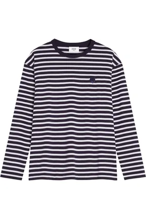 Maison Kitsuné Koszulki, Mężczyzna, Niebieski, XL, Paski sweter z bawełny z naszywką