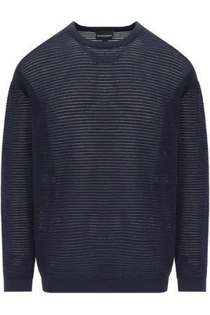 Emporio Armani Swetry, Mężczyzna, Niebieski, L, Granatowy Sweter z Okrągłym Dekoltem i Mikroperforowanym Wzorem