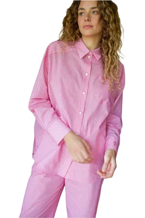 Crās Bluzki, Kobieta, Różowy, M, Bawełna, Paski Oversized Shirt z Błyszczącymi Kamieniami