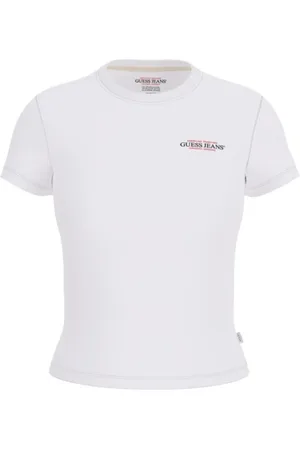 Guess Koszulki, Kobieta, Biały, L, Bawełna, Slim Mini America T-shirt Biały Bawełna