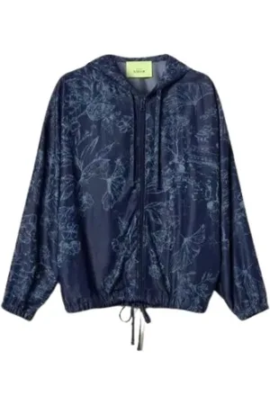 Twin-Set Bluzy, Kobieta, Niebieski, S, Kurtka Bomber z Kwiatowym Nadrukiem