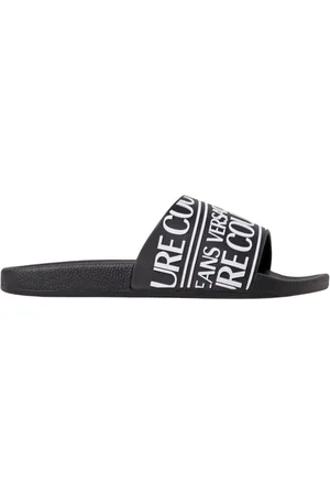 VERSACE Buty, Mężczyzna, Czarny, 42 EU, Czarne Logo Slide Sandały Stylowy Komfort