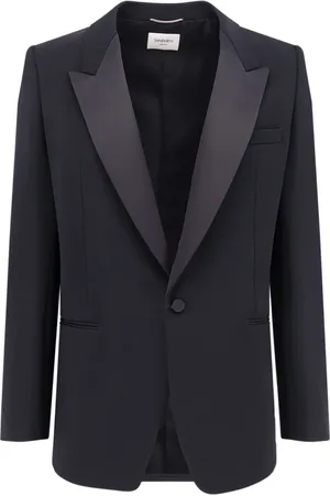 Saint Laurent Kurtki, Mężczyzna, Czarny, L, Wełniana marynarka Certified Wool z satynowymi klapami