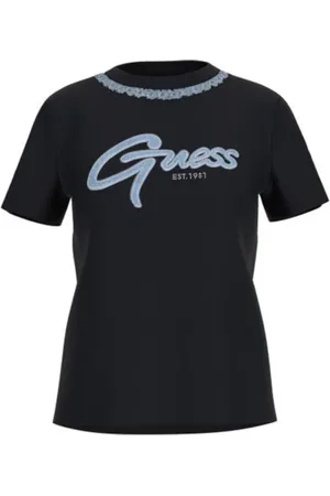 Guess Koszulki, Kobieta, Czarny, S, Jeansy Chain Tee Czarna Koszulka z Okrągłym Dekoltem