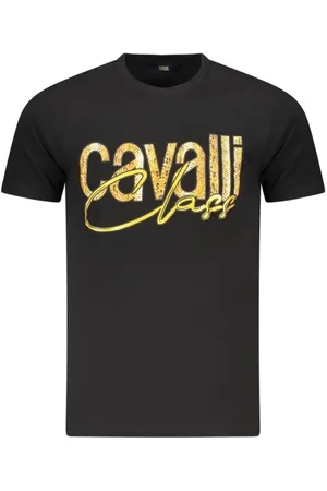 Roberto Cavalli Koszulki, Mężczyzna, Czarny, M, T-shirt z odważnym nadrukiem i okrągłym dekoltem
