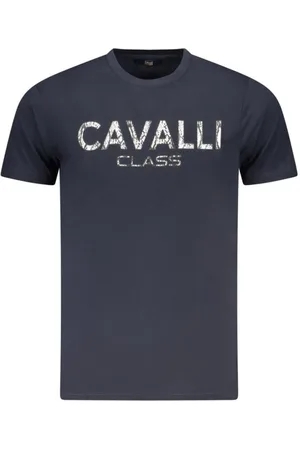Roberto Cavalli Koszulki, Mężczyzna, Niebieski, L, T-shirt z odważnym nadrukiem