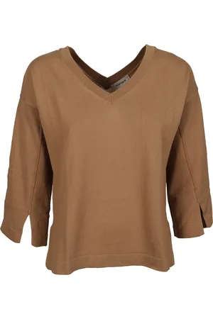 KANGRA CASHMERE Swetry, Kobieta, brązowy, S, Beżowy Bawełniany Sweter z Dekoltem w Serek