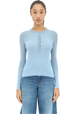 Chloé Swetry, Kobieta, Niebieski, L, Sweter Henley z Super Cienkiej Wełny