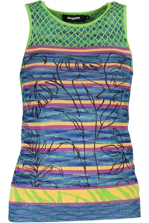 Desigual Koszulki, Kobieta, Wielobarwność, L, Zielony Bawełniany Top z Kontrastowymi Szczegółami