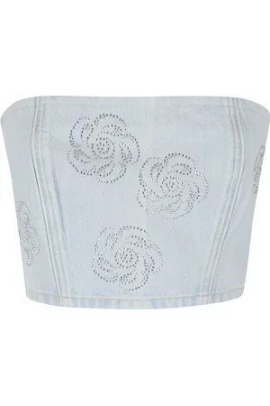 ROTATE Koszulki, Kobieta, Niebieski, S, Denim, Studded Denim Cropped Top