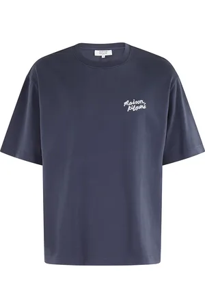 Maison Kitsuné Koszulki, Mężczyzna, Niebieski, S, Haftowany T-shirt z charakterystycznym nadrukiem w kolorze niebieskim