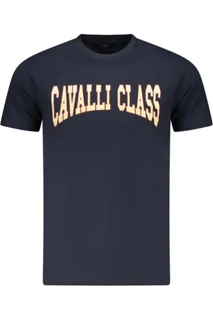Roberto Cavalli Koszulki, Mężczyzna, Niebieski, L, Niebieski T-shirt z nadrukiem sygnatury