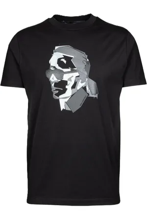 Karl Lagerfeld Koszulki, Mężczyzna, Czarny, XL, Czarna koszulka z srebrnoszarym obrazem Karla
