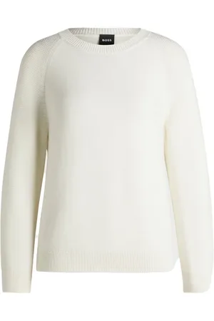 HUGO BOSS Swetry, Kobieta, Biały, S, Biała Sweter z Okrągłym Dekoltem