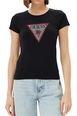 Guess Koszulki, Kobieta, Czarny, XS, Bawełna, Trójkątne Kamienie Ścięte Rękaw Tee