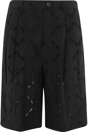 SEMICOUTURE Szorty, Kobieta, Czarny, 2XS, Len, Czarne Szorty Bermuda z Koronką Sangallo