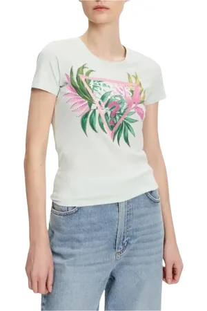 Guess Koszulki, Kobieta, Zielony, XS, Liść Trójkąt Tee Zielony Okrągły Dekolt