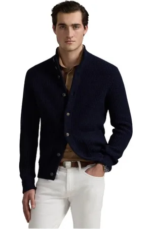 Ralph Lauren Swetry, Mężczyzna, Niebieski, L, Bawełna, Kardigan z wysokim kołnierzem w serek