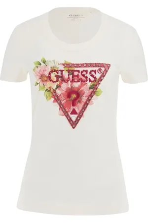 Guess Koszulki, Kobieta, Biały, S, Bawełna, T-shirt z trójkątnymi koralikami z bawełny