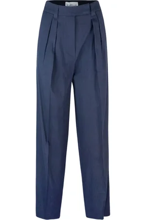 MARELLA Spodnie, Kobieta, Niebieski, 3XS, Len, Niebieskie lniane spodnie prosta forma