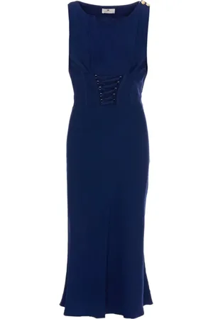 Elisabetta Franchi Sukienki, Kobieta, Niebieski, M, Niebieska Sukienka Slim Fit z Złotymi Metalowymi Szczegółami