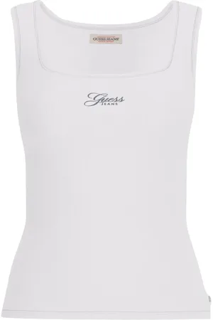 Guess Koszulki, Kobieta, Biały, S, Top Slim z Haftem na Rzemyku