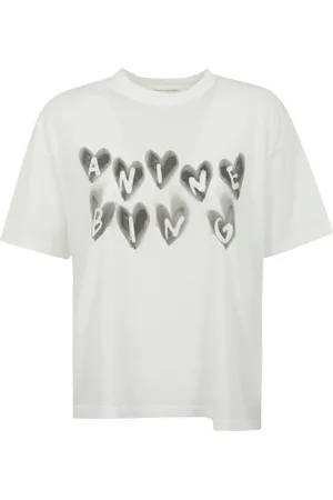 ANINE BING Koszulki, Kobieta, Beżowy, M, T-shirt z nadrukiem serc z bawełny