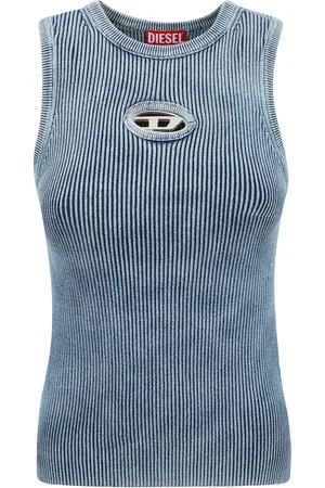 Diesel Koszulki, Kobieta, Niebieski, S, Koronkowy top z metalowym logo Oval D
