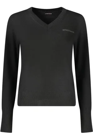 Guess Swetry, Kobieta, Czarny, M, Czarny Wełniany Sweter z Dekoltem w Serek