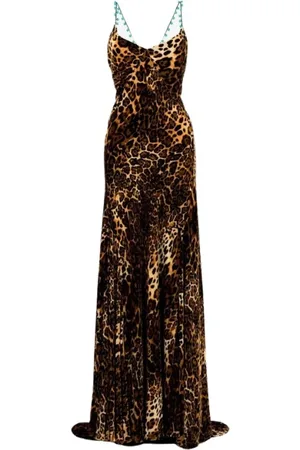 Roberto Cavalli Sukienki, Kobieta, brązowy, S, Sukienka typu slip dress we wzór panterki z drapowanym trenem