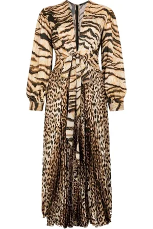 Roberto Cavalli Sukienki, Kobieta, brązowy, S, Midi Sukienka z Zwierzęcym Wzorem i Dekoltem w Literę V