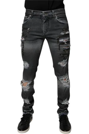 Dolce & Gabbana Jeansy, Mężczyzna, Szary, M, Zniszczone Skinny Jeansyy z Logo