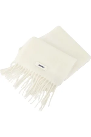 Jacquemus Akcesoria, unisex, Beżowy, ONE SIZE, Beżowy Szalik z Frędzlami i Naszywką