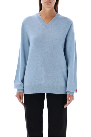 Comme des Garçons Swetry, Kobieta, Niebieski, S, Lekki Niebieski Sweter z Włóczki z Dekoltem w Literę V